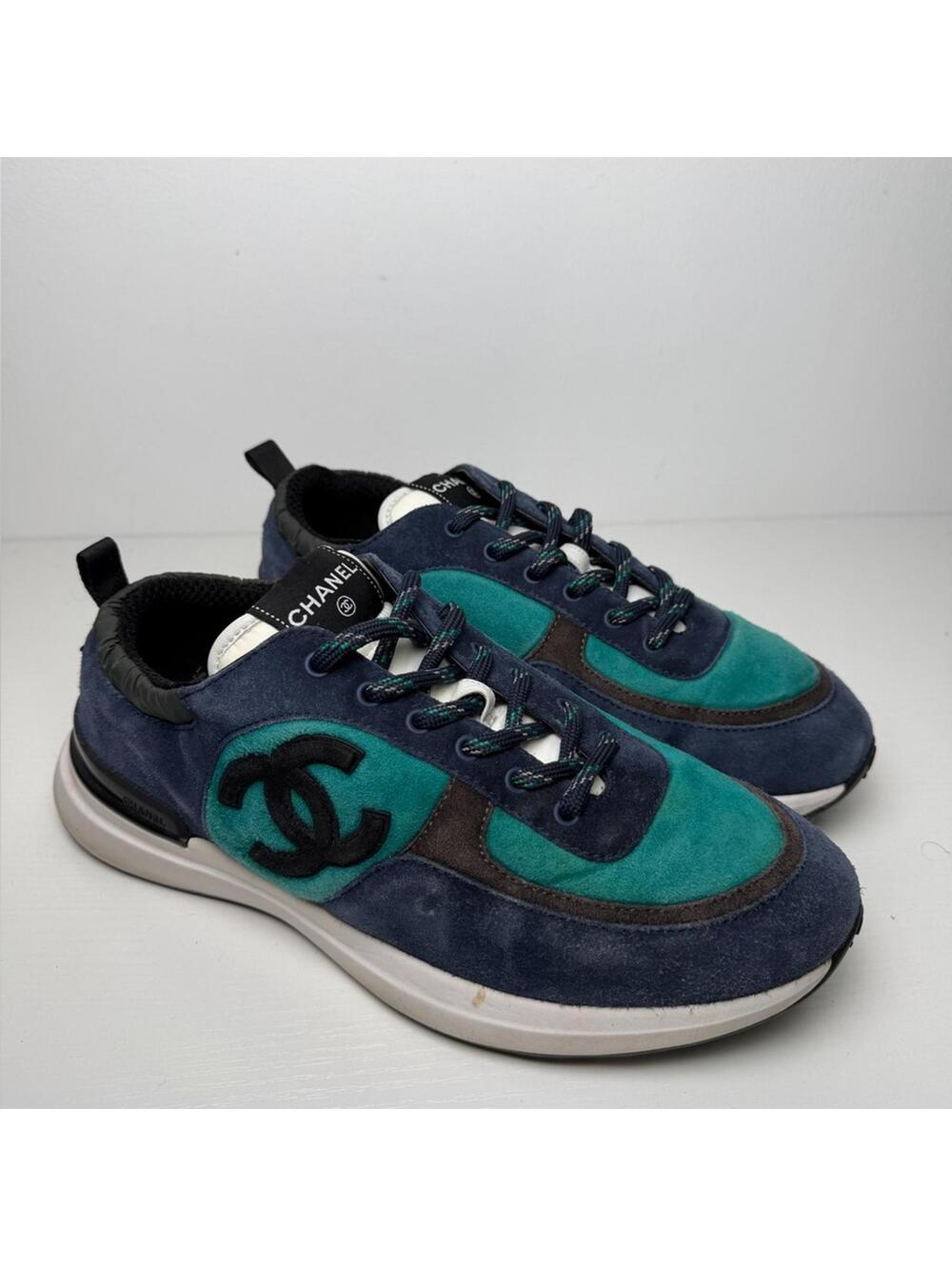 Chanel Men's Sneaker Suede CC Logo Navy Blue Green SZ 43